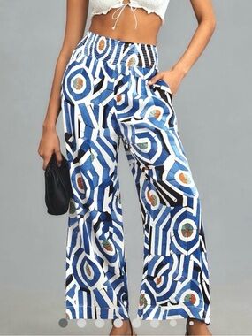 NWT Anthro Maeve Saria Blue Smocked Wide-Leg Pants XL